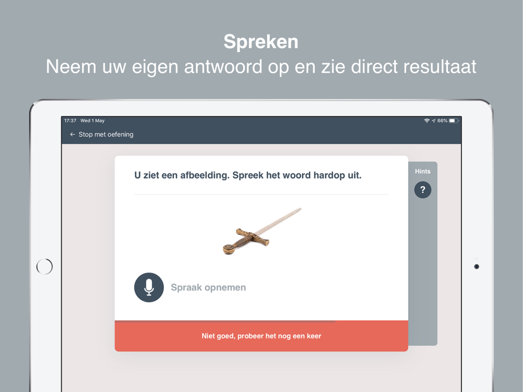Esercizio di linguaggio nell'app Terapia Afasia su un iPad che mostra l'immagine di una spada e un pulsante di registrazione vocale.