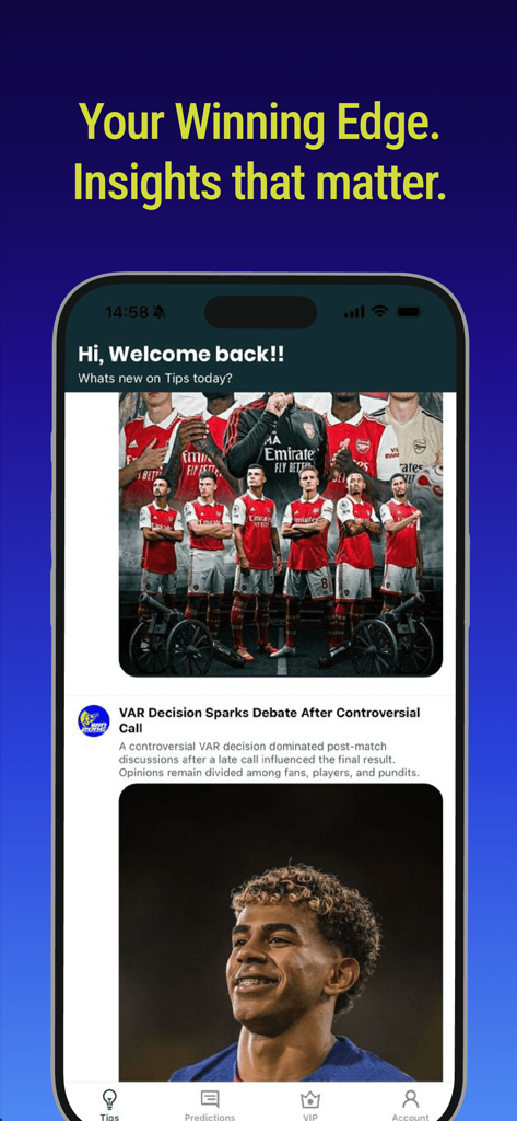 A mobile app interface of Winzone showing sports news insights and analyst tips