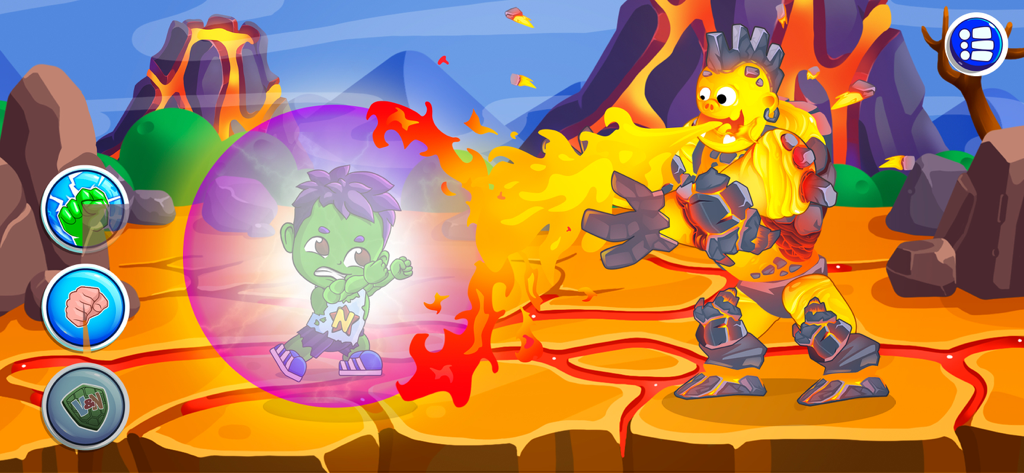 Niki as a green superhero using a shield against a fire monster in a volcanic landscape