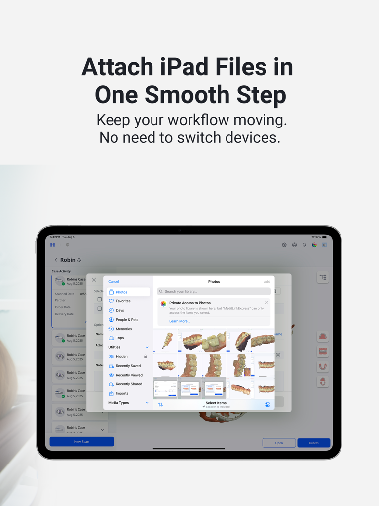A screenshot of the Medit Link Express app on an iPad showing the file attachment interface with 3D dental scans.