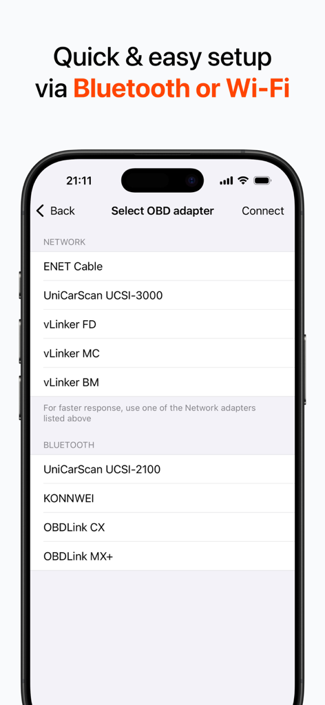 BimmerLight setup screen for selecting Bluetooth or Wi-Fi OBD adapters