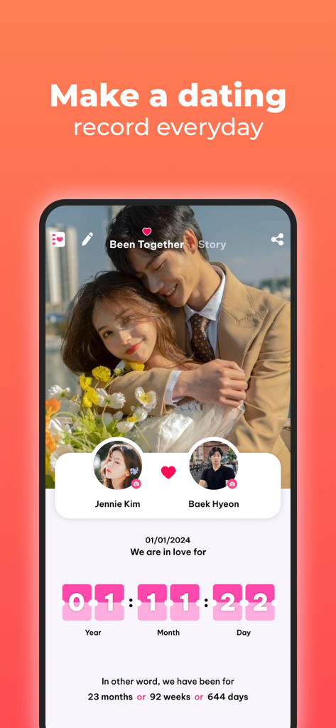 Love tracker: Been love memory - Interface of the Love Tracker app displaying a romantic couple photo and a counter showing the number of years months and days they have been together