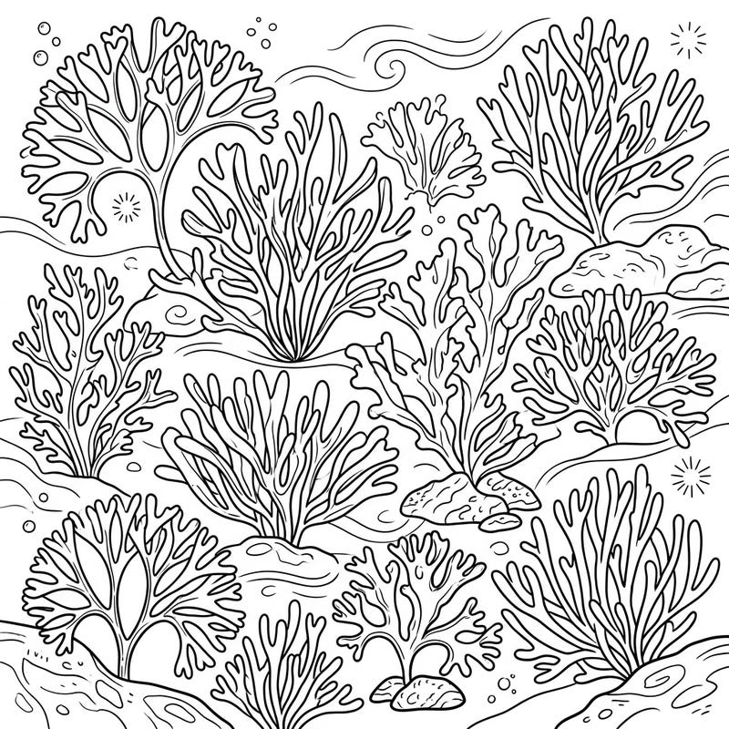 Immerse yourself in the fascinating world beneath the waves with this intricate Red Algae coloring template. Discover the beauty of Rhodophyta as you bring these marine plants to vibrant life.