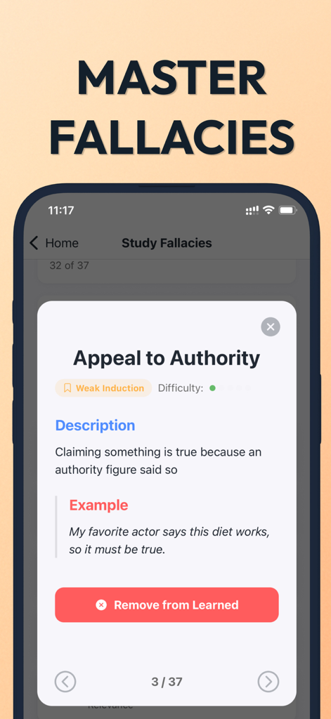 A lesson card in the Fallacy app explaining the Appeal to Authority logic fallacy with a definition and example