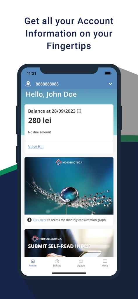 Home screen of the iHidro app displaying account balance and utility management options
