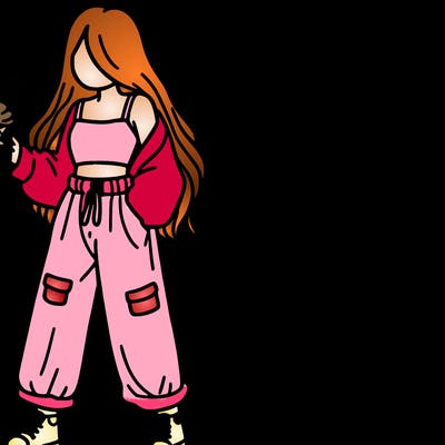 baggy pants crop top long hair holding ice cream