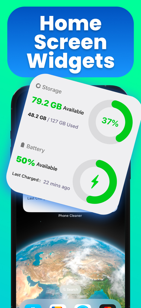 AI Phone Cleaner・Clean Storage - AI Phone Cleaner home screen widget showing storage and battery life levels
