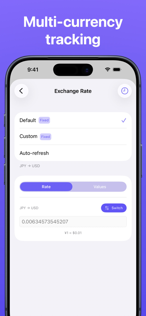 iPhone screenshot showing multi-currency tracking and exchange rate settings in the Expenses app