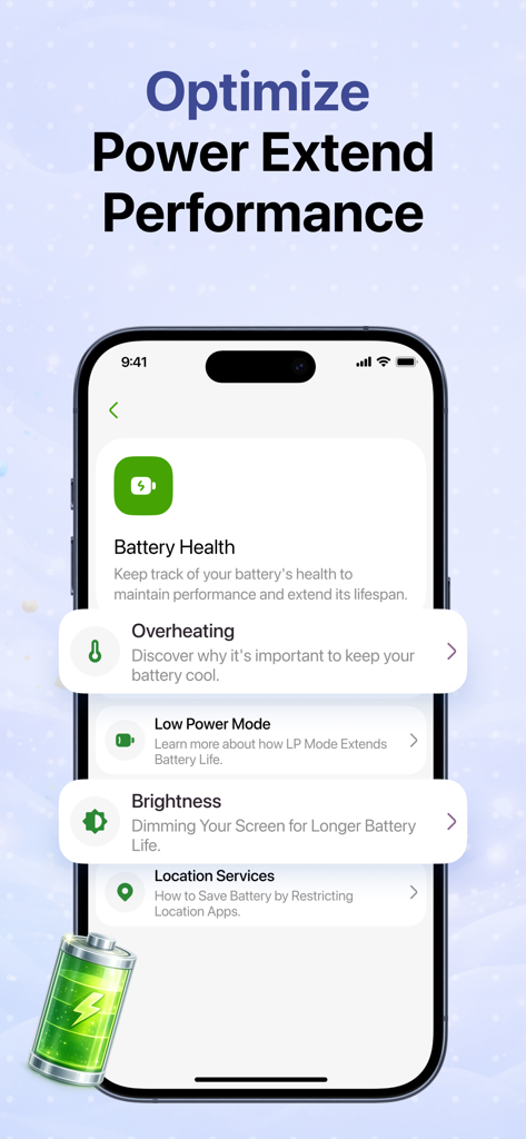 Mobile Security app battery health and power optimization screen