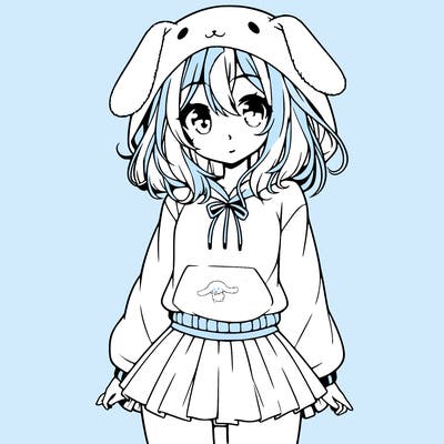 pretty anime girl wearing a fluffy hoodie with bunny ears on the hood and a skirt
