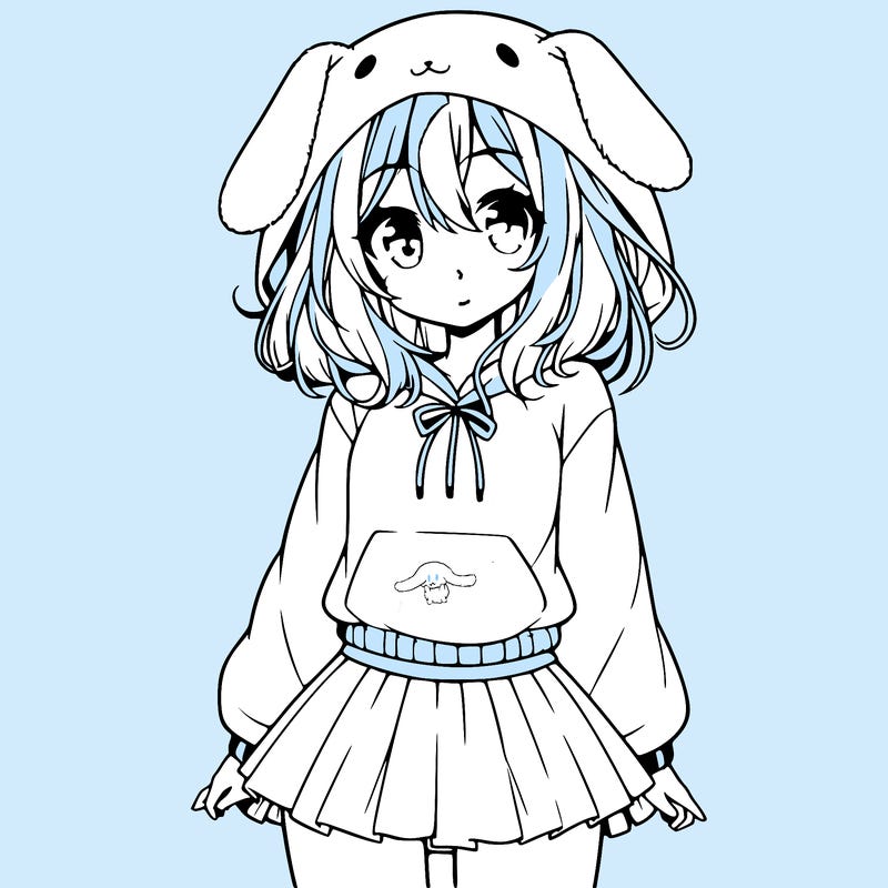 pretty anime girl wearing a fluffy hoodie with bunny ears on the hood and a skirt