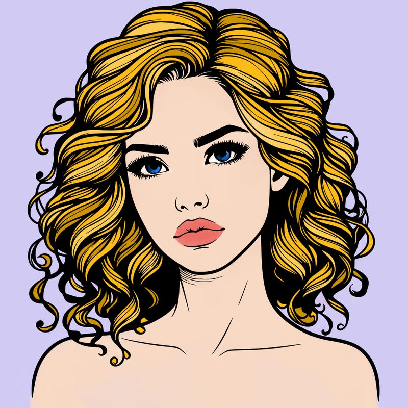 realistic woman portrait with curled hair and serious face
