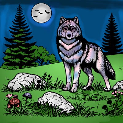 realistic wolf and grass and trees