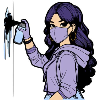 realistic girl with mask spray painting a wall