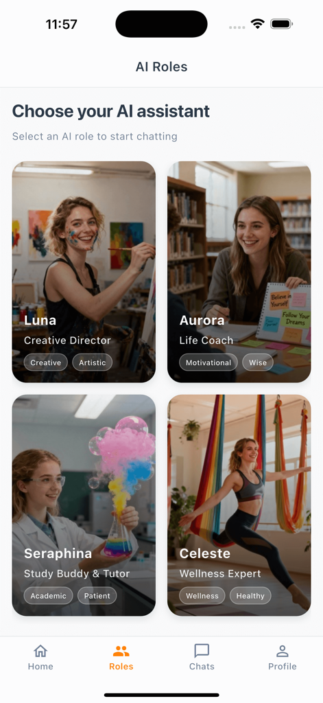 Kisk - Fun Chat - Mobile screen of Kisk app displaying different AI assistant personas for chat interaction
