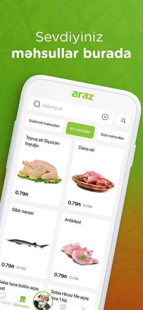 Araz Supermarket - A mobile app interface for Araz Supermarket showing a selection of fresh meat and poultry products with their prices in AZN.
