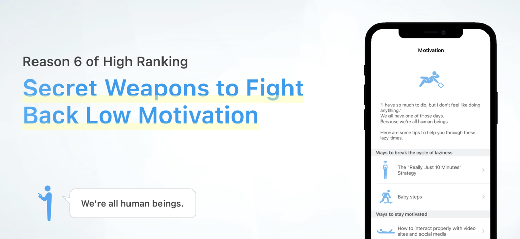 Focus: Pomodoro Study Timer - Screenshot dell'app Focus Pomodoro Study Timer che mostra consigli e strategie psicologiche per combattere la bassa motivazione e la procrastinazione