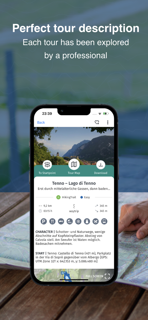 KOMPASS Outdoor & Hiking Maps - Smartphone showing a certified hiking tour description for Tenno in the KOMPASS outdoor app