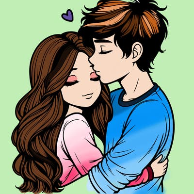 a realistic couple boy and girl hugging and kissing