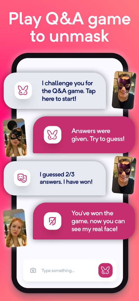 PeekUp: The Casual Dating App - Interfaz de chat de la app PeekUp mostrando a usuarios jugando un juego de preguntas y respuestas para revelar sus rostros reales.