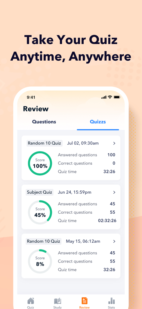 Schermata di un'app mobile che mostra un elenco di risultati di quiz di pratica CPIM passati con punteggi e tempi di completamento per il monitoraggio dei progressi.