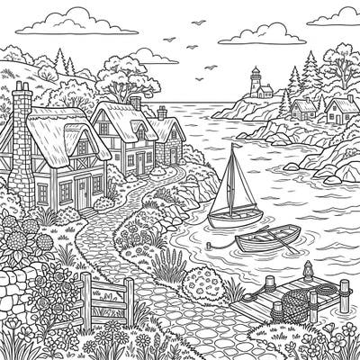 Unwind with this delightful cottagecore seascape coloring page, blending rustic charm with serene coastal beauty. Explore quaint cottages, bobbing sailboats, and lush flora waiting for your creative touch.