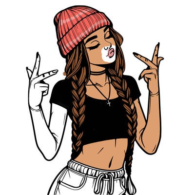 realistic teenage girl with braids and a beanie and crop top doing 🫶🏼