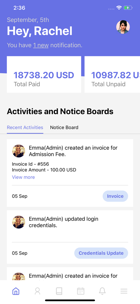 Classe365 app dashboard showing total fees paid and recent school activities