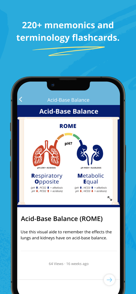 Mobile screen showing a dental hygiene study mnemonic for acid base balance with respiratory and metabolic icons