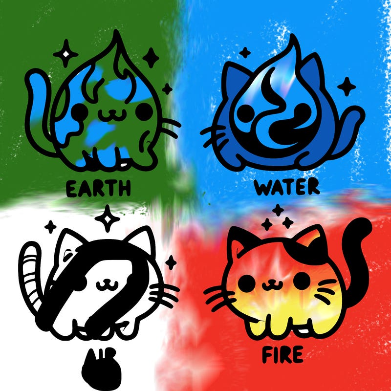 4 cats that represent the different elements, earth, water, air, and fire
