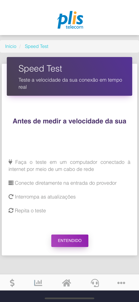 Plis Telecom - Plis Telecom mobile app interface for running an internet connection speed test