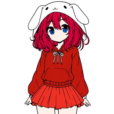 pretty anime girl wearing a fluffy hoodie with bunny ears on the hood and a skirt