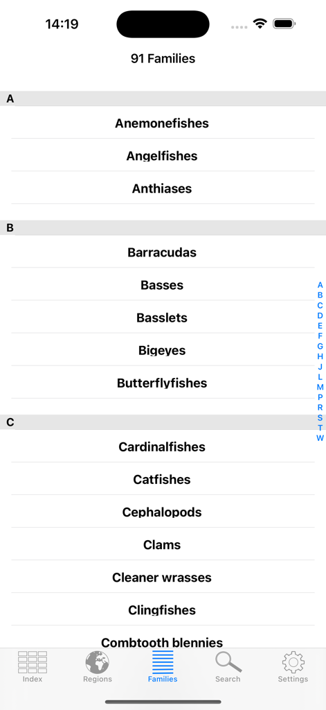 Alphabetical list of 91 marine species families including Angelfishes and Barracudas in the Reef Guide app