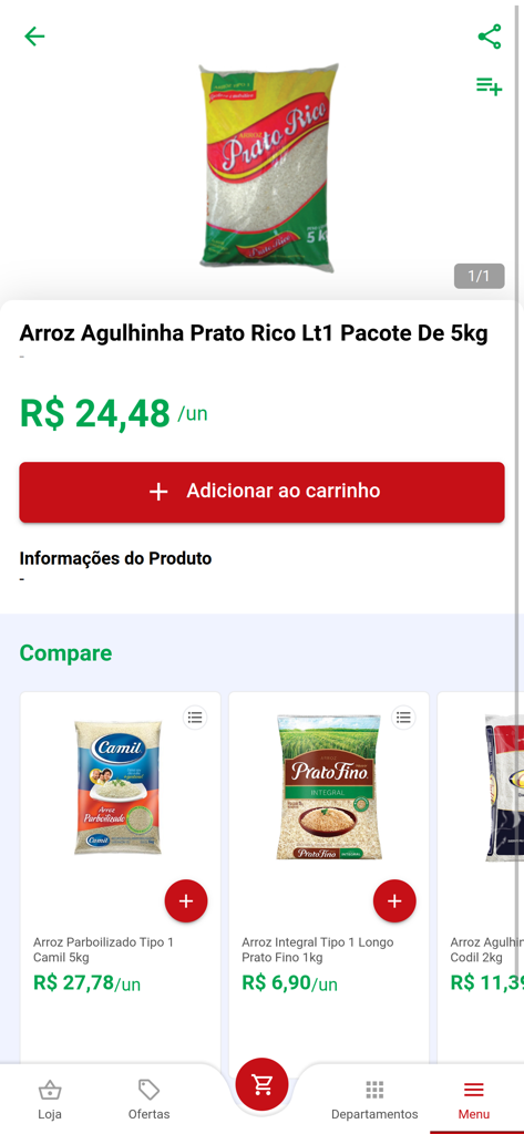 Villefort Entrega - Pantalla de la aplicación móvil mostrando detalles del producto para una bolsa de cinco kilogramos de arroz con precio y botón de añadir al carrito