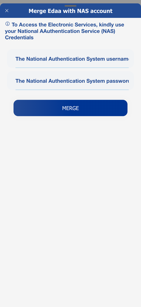 Screen for merging Edaa account with National Authentication Service credentials