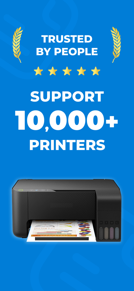 Smart Printer App promotional graphic showing support for 10000 plus printers and five stars rating
