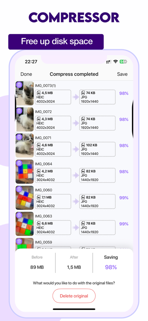 Video Compressor & Reduce size - Screenshot of Video Compressor app showing batch image compression results with 98 percent storage savings