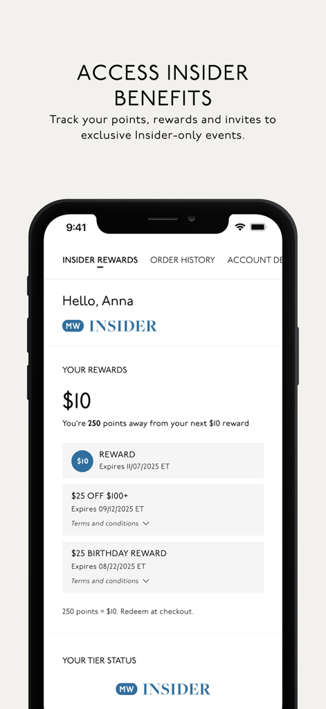 Madewell - Madewell app screen displaying Insider rewards and loyalty points