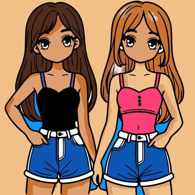 two sisters with crop tops and jean shorts and straight hair
