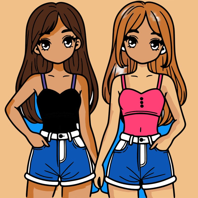 two sisters with crop tops and jean shorts and straight hair