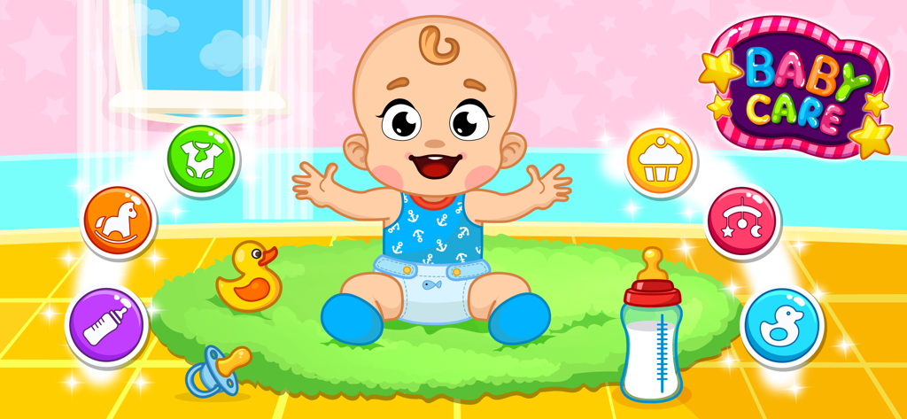 Baby Care Games for Kids 3,4,5 - Un bebé de dibujos animados sentado en una alfombra verde rodeado de iconos interactivos del juego para alimentar, bañar y vestir.