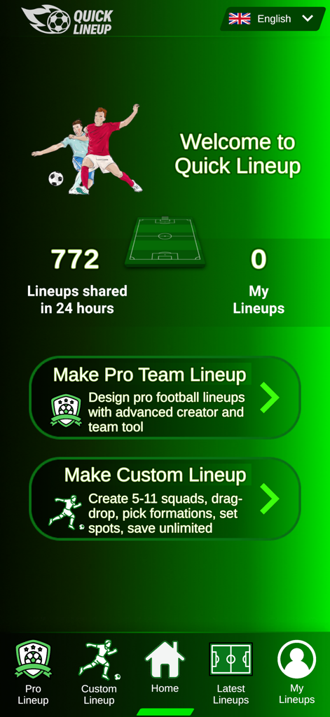 Quick Lineup: Team Builder - Home screen of the Quick Lineup app featuring options to create pro and custom football team lineups on a green background.