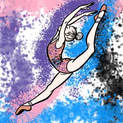 gymnast doing a leap in a leotard with a bent back leg