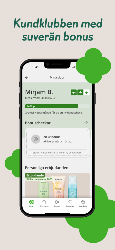 Apoteket - A screenshot of the Apoteket app loyalty club interface showing bonus points and personalized wellness offers