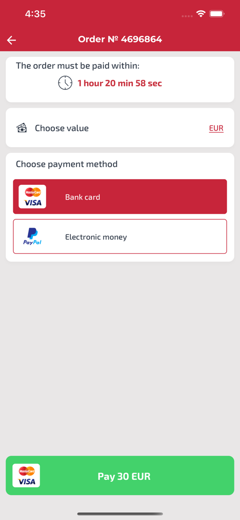 A mobile app screen for GAL Trans bus ticket payment showing options for bank card or electronic money like PayPal and a 30 Euro total.