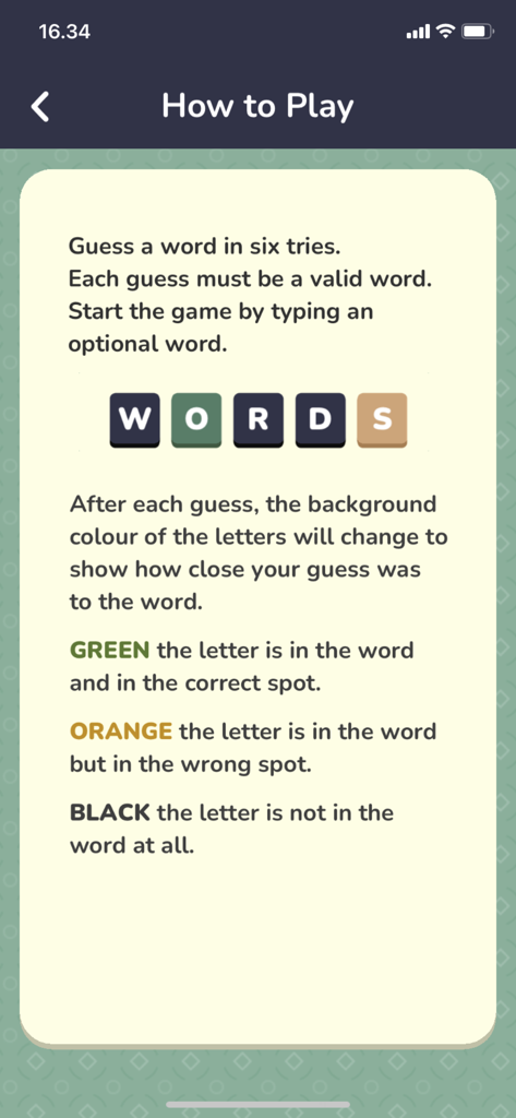 How to play screen for Ordle showing word game rules and color coded tile meanings