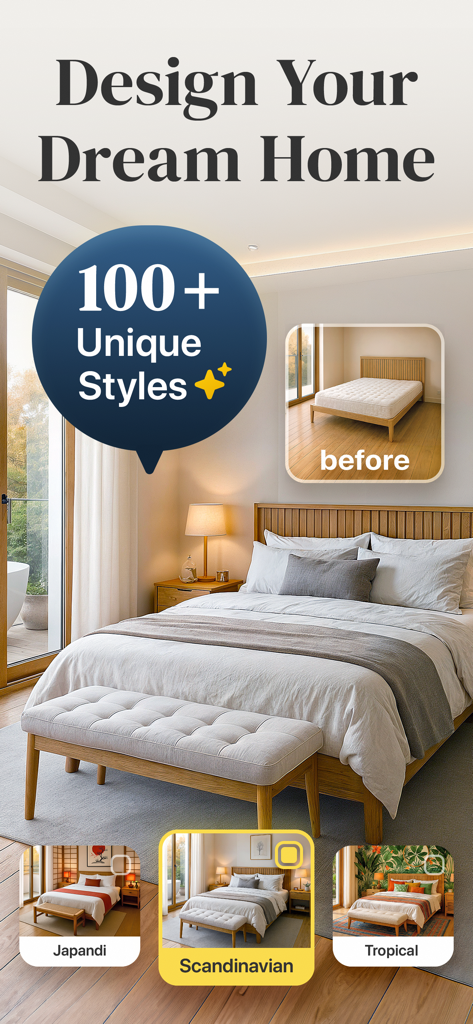 AI Home Design - Decorio - Decorio app interface showing a bedroom transformation with AI design styles like Scandinavian, Japandi, and Tropical