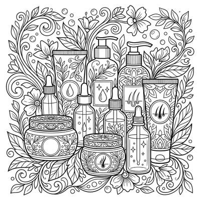 Unwind with this beautiful coloring page dedicated to the art of hair care, showcasing an array of opulent treatment products. It's the perfect creative outlet for anyone who loves beauty rituals and serene artistic expression.