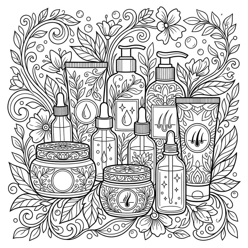 Unwind with this beautiful coloring page dedicated to the art of hair care, showcasing an array of opulent treatment products. It's the perfect creative outlet for anyone who loves beauty rituals and serene artistic expression.