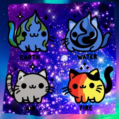 4 cats that represent the different elements, earth, water, air, and fire